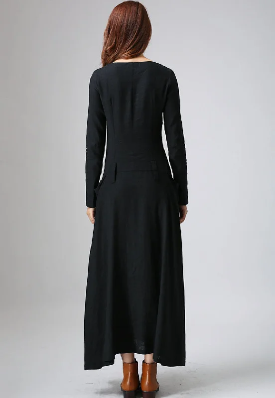 Black dress maxi linen woman's long sleeve dress casual dress custom made 805#