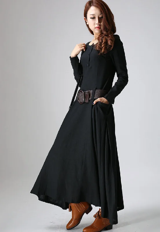 Black dress maxi linen woman's long sleeve dress casual dress custom made 805#