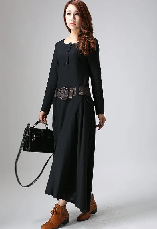 Black dress maxi linen woman's long sleeve dress casual dress custom made 805#