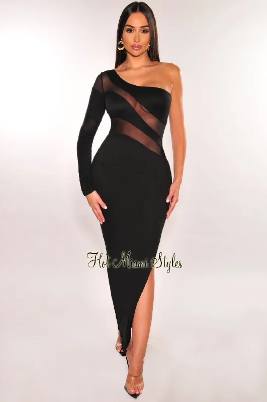 Black Mesh One Sleeve Slit Midi Dress