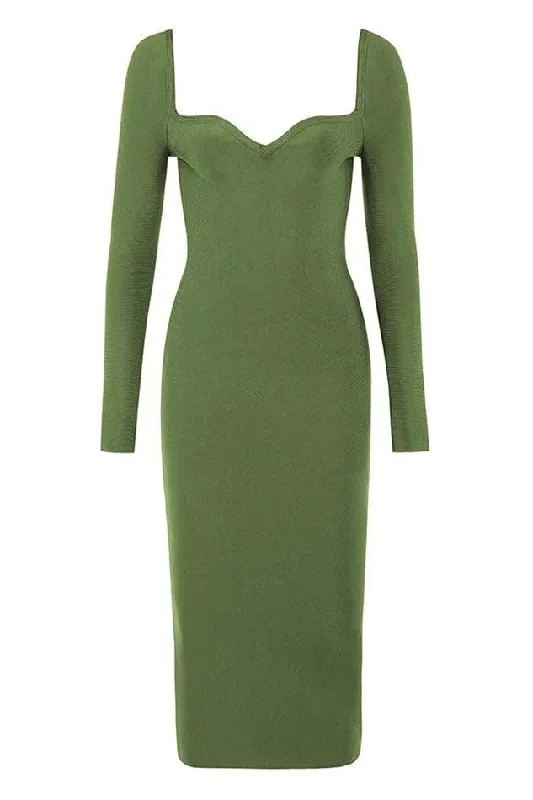 Blanche Long Sleeve Bandage Midi Dress - Olive Green