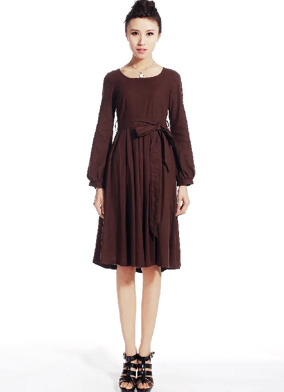 Brown linen midi dress (514)