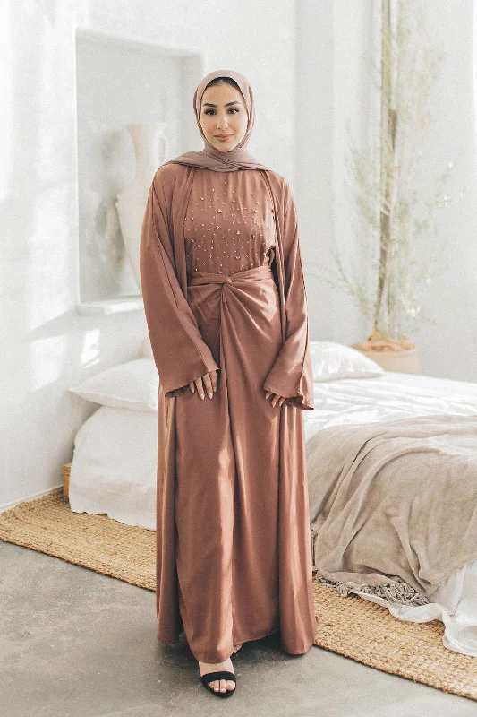 Celene Beaded Wrap Abaya Set- Nude Pink