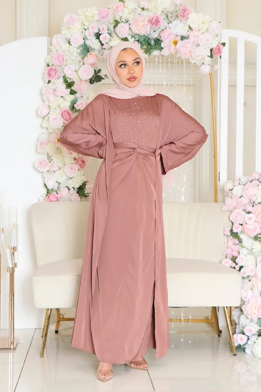 Celene Beaded Wrap Abaya Set- Nude Pink