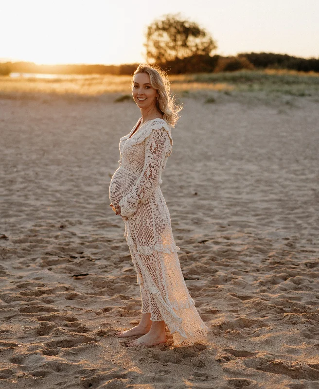 Chasing Unicorns Crochet Cream Maxi Maternity Photoshoot Dress