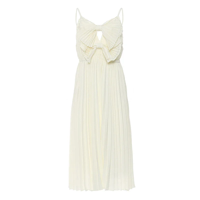 Cute V Neck Big Dual Bow Spaghetti Strap Pleated Midi Chiffon Slip Dress