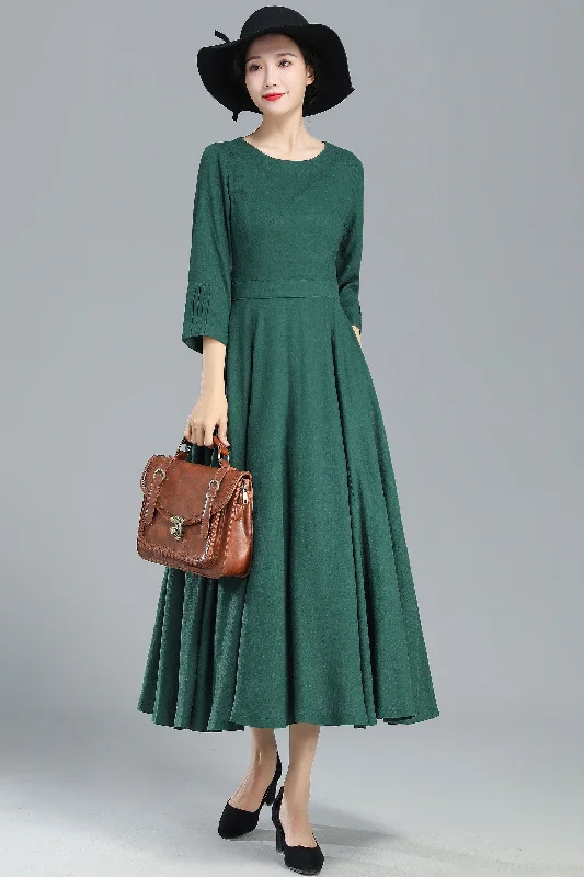 Green Pleated Long Linen Dress Women 3253