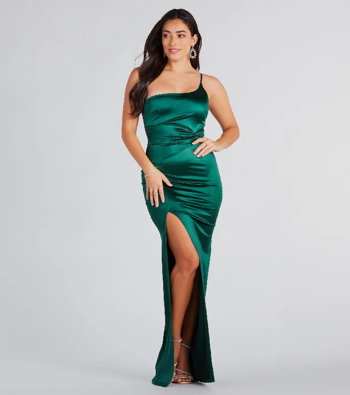 Kori Formal Satin One-Shoulder Slit Long Dress