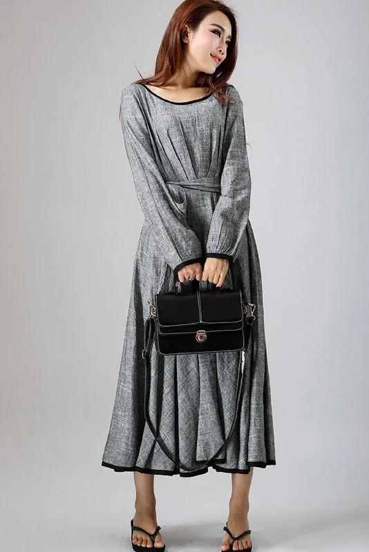 Linen causal maxi women dress in gray (792)