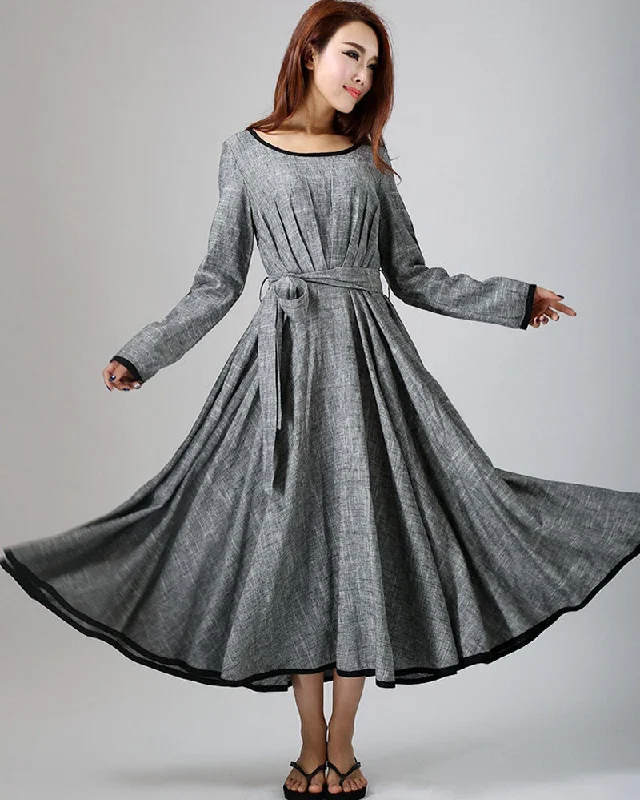 Linen causal maxi women dress in gray (792)