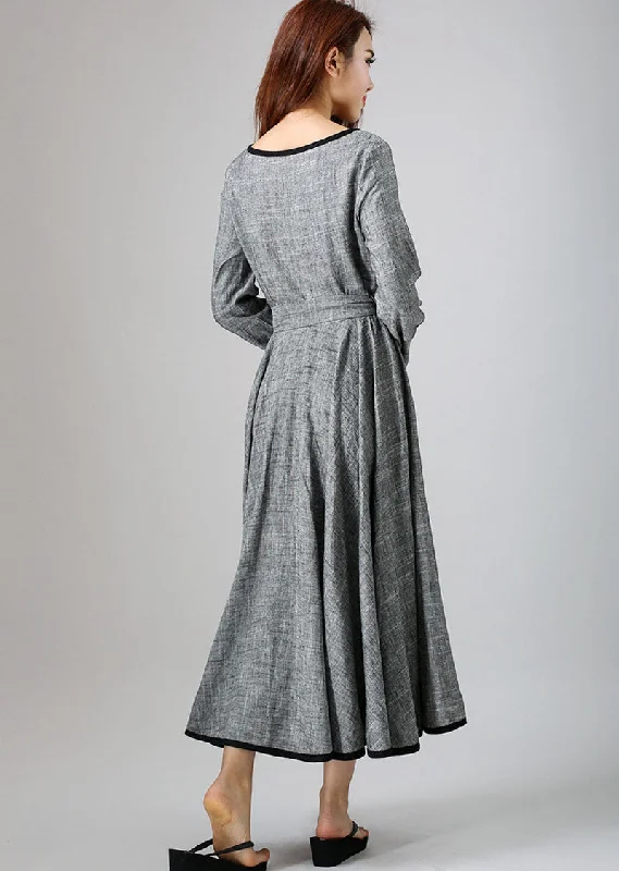 Linen causal maxi women dress in gray (792)