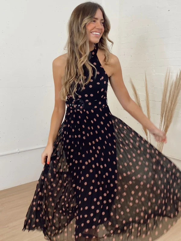 Luisa Belted Pleated Maxi Dress / Black And Blush Spot Print