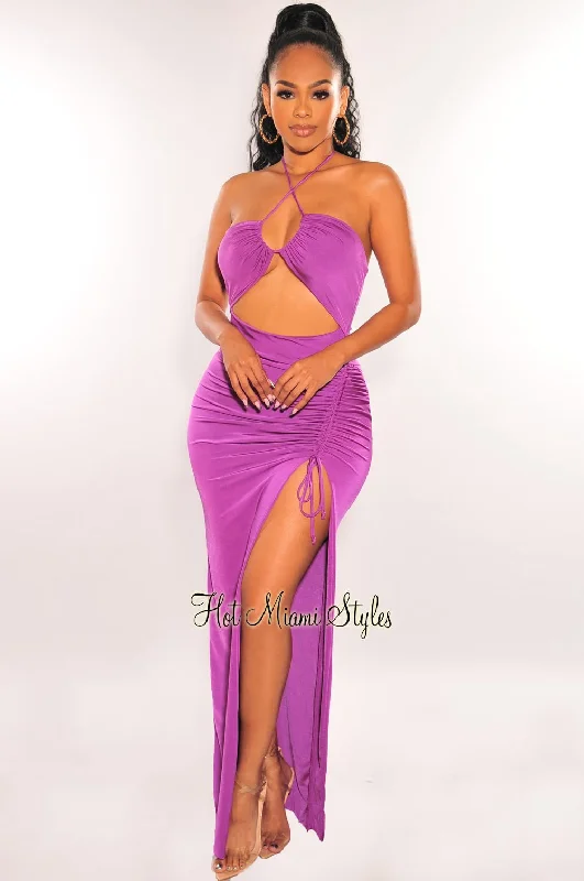 Magenta Halter Cut Out Ruched Slit Maxi Dress