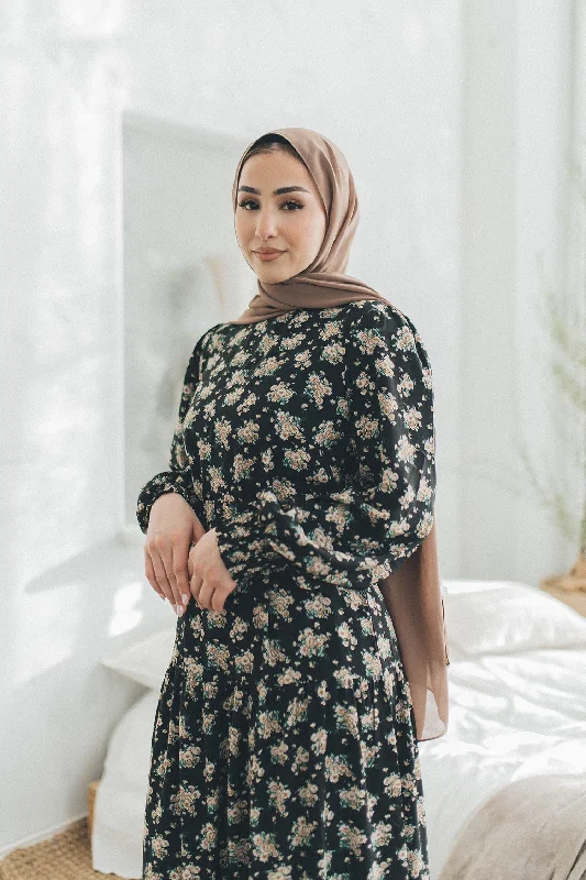 Nova Smock Floral Dress- Black & Beige