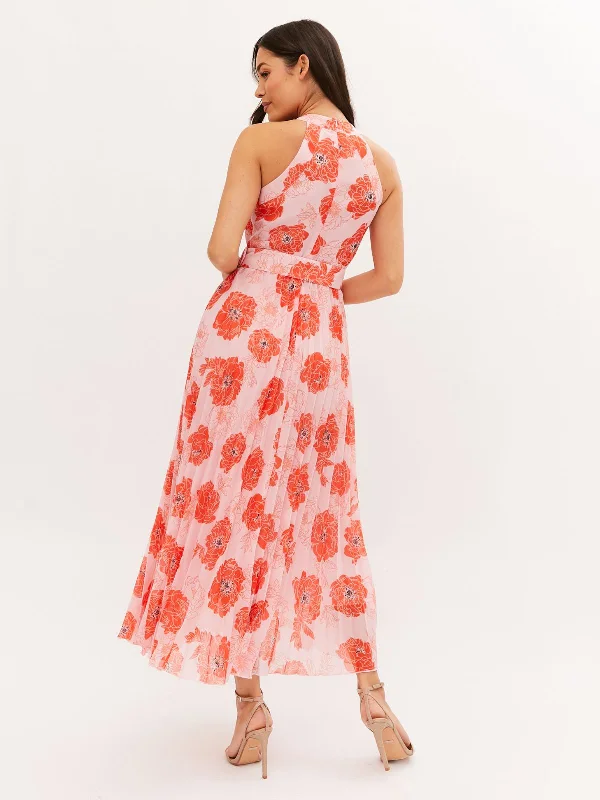 Paige Halter Pleated Belted Dress / Orange & Pink Floral