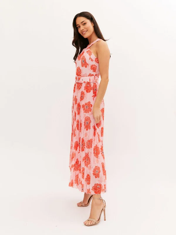 Paige Halter Pleated Belted Dress / Orange & Pink Floral