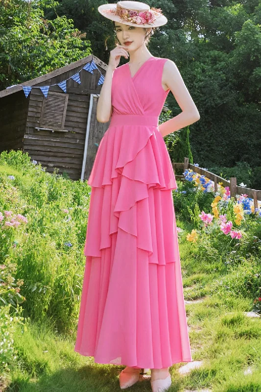 pink V neck summer chiffon dress 4440