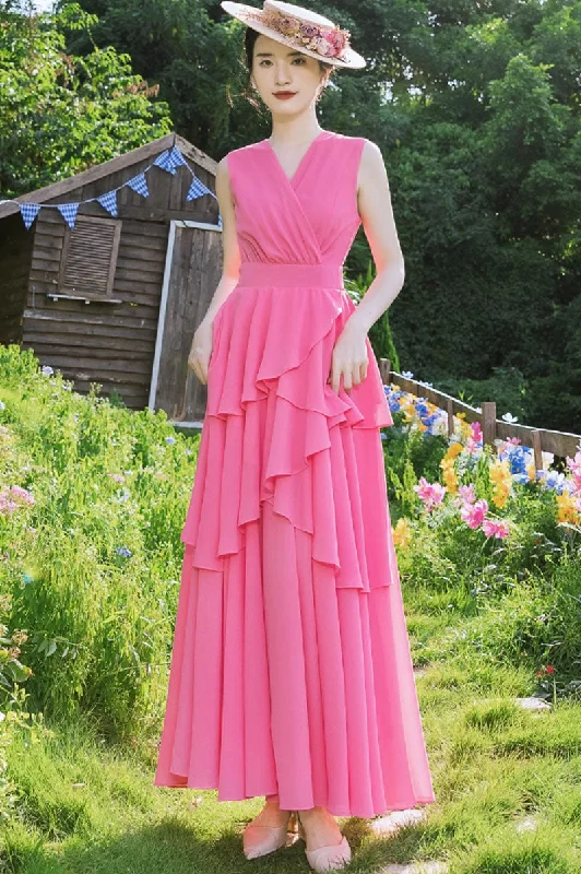 pink V neck summer chiffon dress 4440