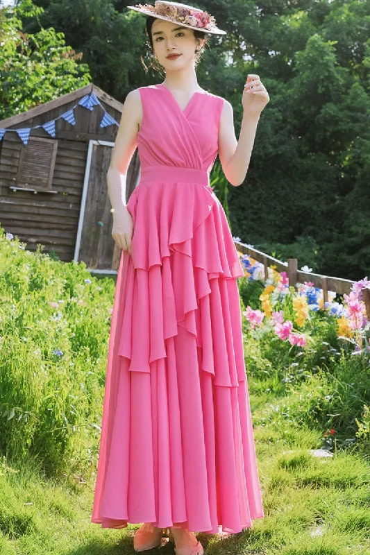 pink V neck summer chiffon dress 4440