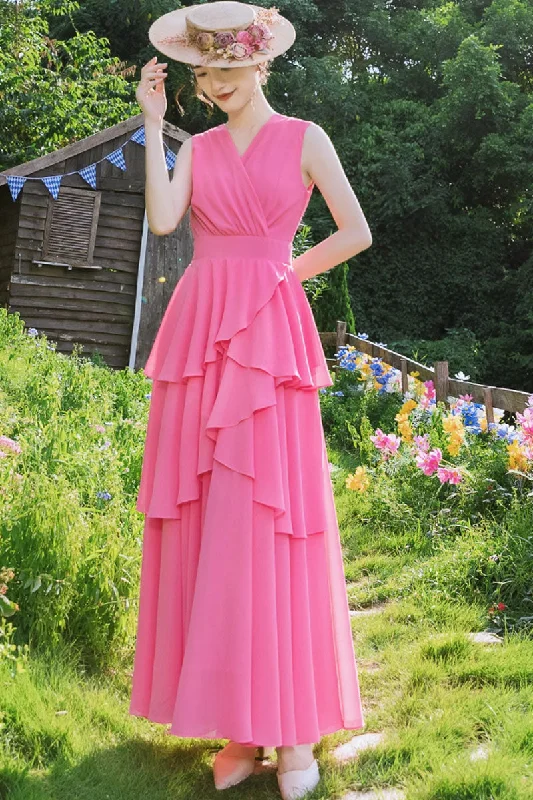 pink V neck summer chiffon dress 4440