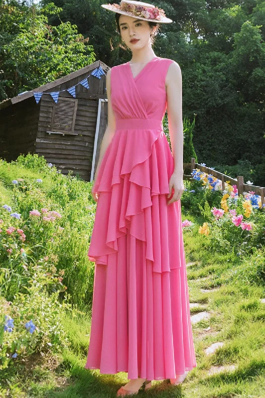 pink V neck summer chiffon dress 4440