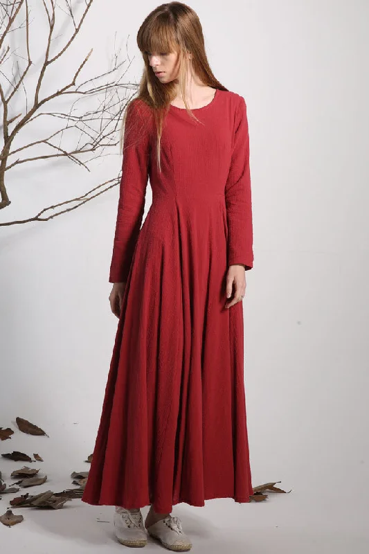 Long sleeve red linen maxi dress 1133