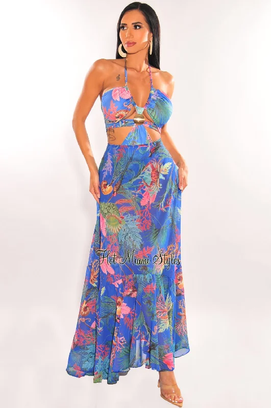 Royal Blue Tropical Print Padded Cut Out Mermaid Maxi Dress