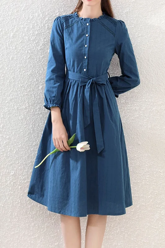 Tie belt blue dresses with ruffle details 4889