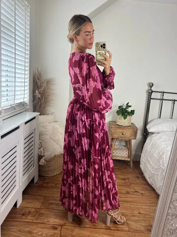 Toni Long Sleeved Pleated Maxi Dress / Mulberry Floral