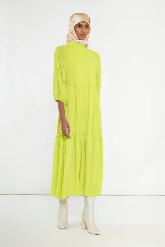 Acid-Yellow Open Back Tiered Midi-Dress