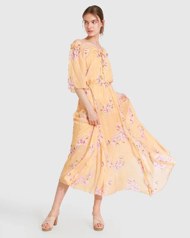 Amour Amour Ruffled Midi Dress - Peach Peonies