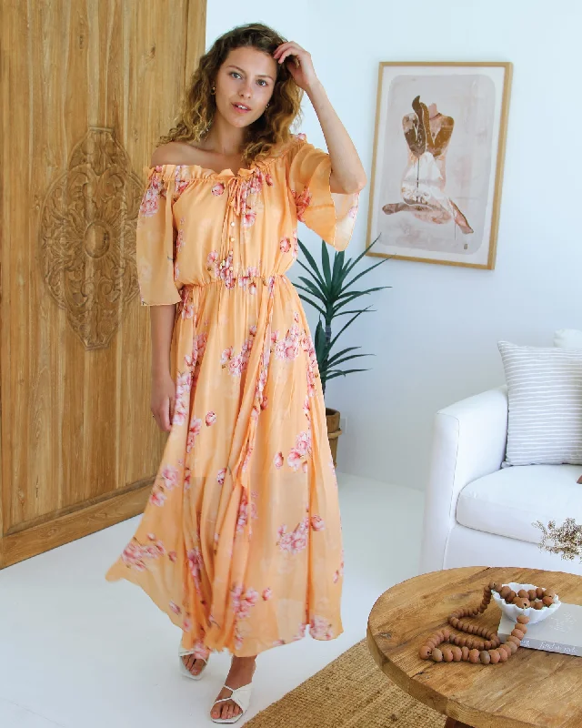 Amour Amour Ruffled Midi Dress - Peach Peonies