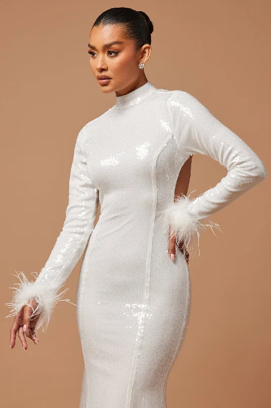 Cleo Sequin Feather Maxi Dress - White