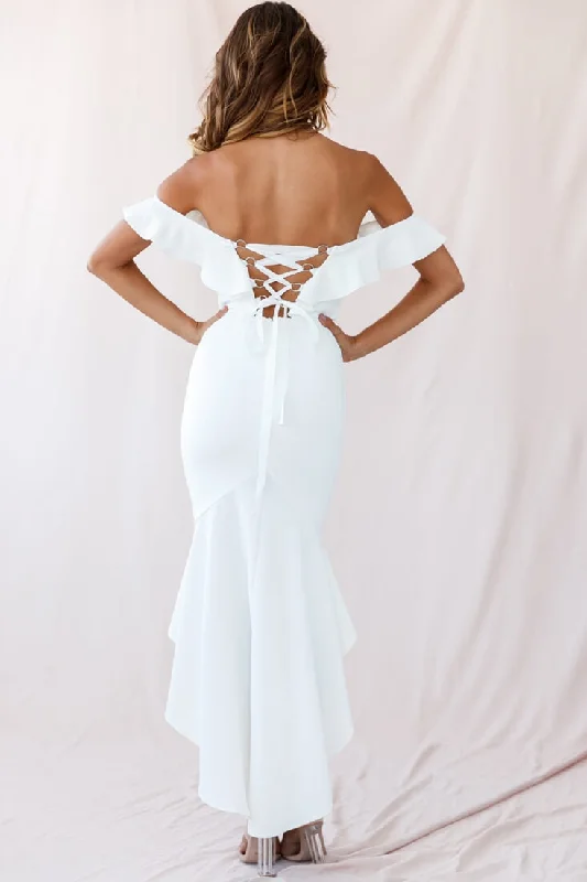 Cloud 9 Bardot Neckline Corset Back Dress White