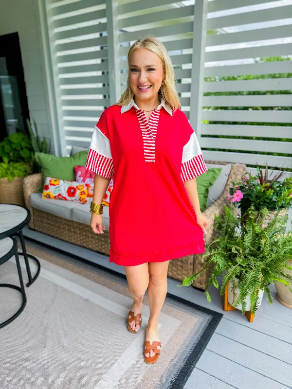 Red Solid V-Neck Short Sleeve Collared Mini Dress