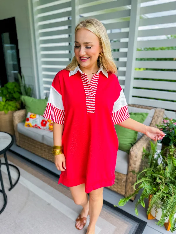 Red Solid V-Neck Short Sleeve Collared Mini Dress