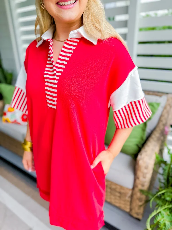 Red Solid V-Neck Short Sleeve Collared Mini Dress