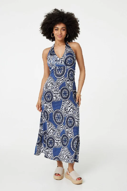 Mosaic Print Halter Neck Maxi Dress