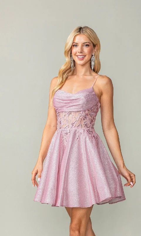 Cowl-Neck Short Glitter Homecoming Dress 3386