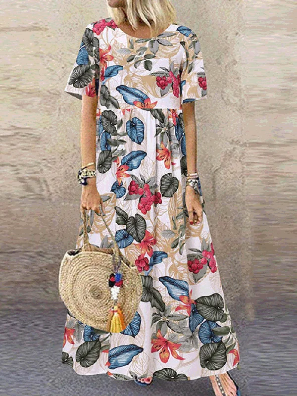 Dresses Vintage Floral Print Crew Neck Casual Dress for Women