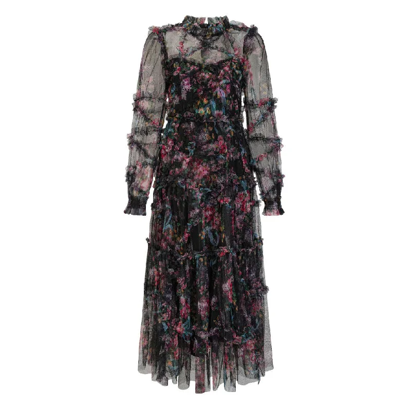 Exquisite Ruffled Mock Neck Long Sleeve Floral Gauze Tiered Maxi Dress