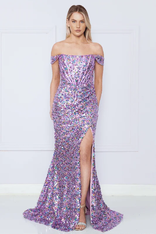 Fitted Off Shoulder Sequin Slit Gown by Poly USA 9150