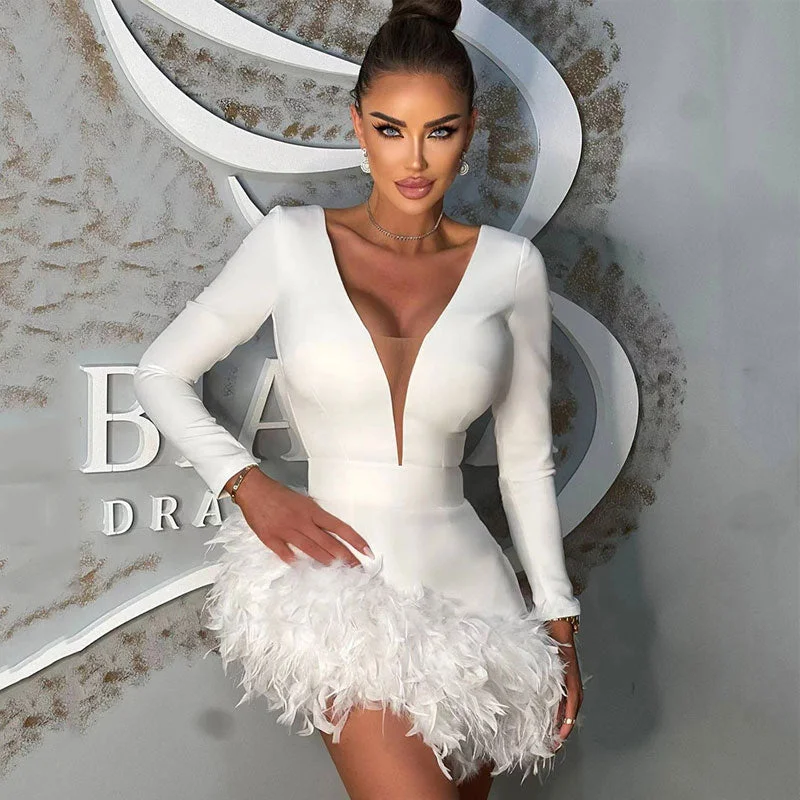 Flirty Faux Feather Trim Plunging Long Sleeve Mini Bandage Dress - White