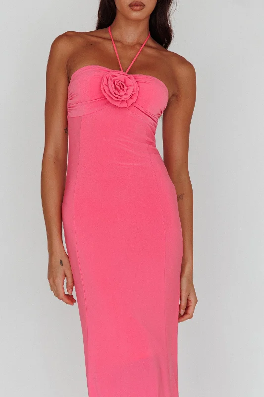 Ibiza Sunset Bust Flower Midi Dress Hot Pink