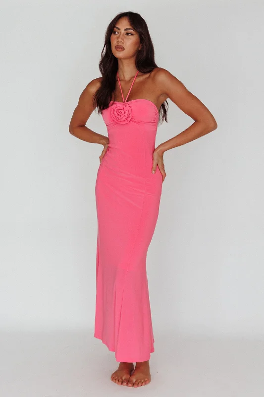 Ibiza Sunset Bust Flower Midi Dress Hot Pink