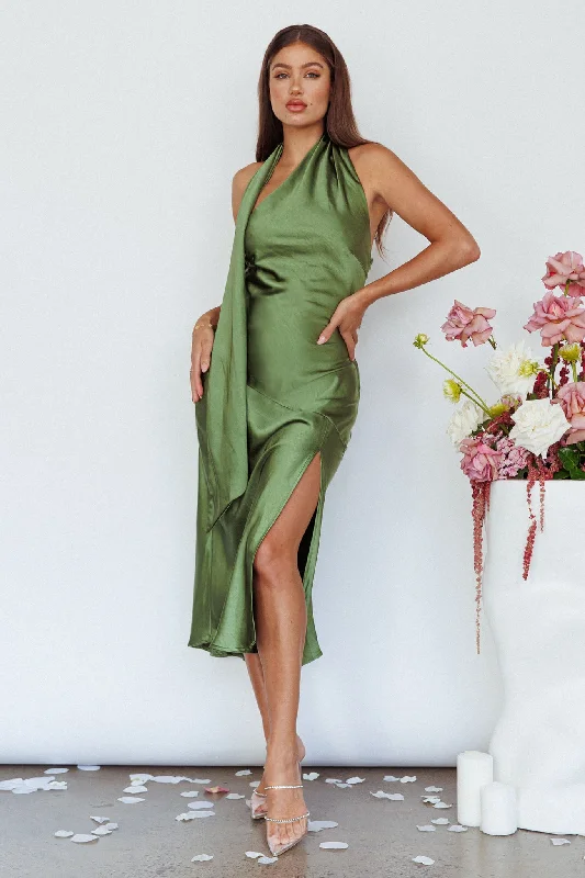 Italian Summer Tie Neck Midi Dress Olive