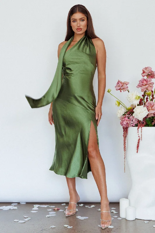 Italian Summer Tie Neck Midi Dress Olive