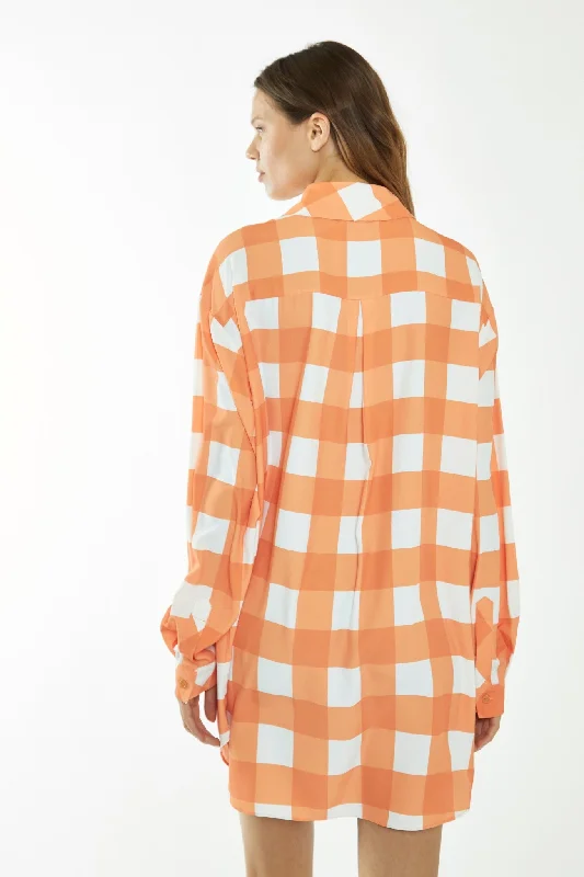 Orange-White Gingham Long-Sleeve Mini Shirt Dress