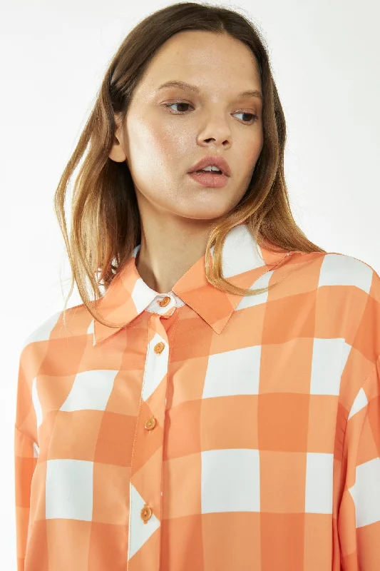 Orange-White Gingham Long-Sleeve Mini Shirt Dress