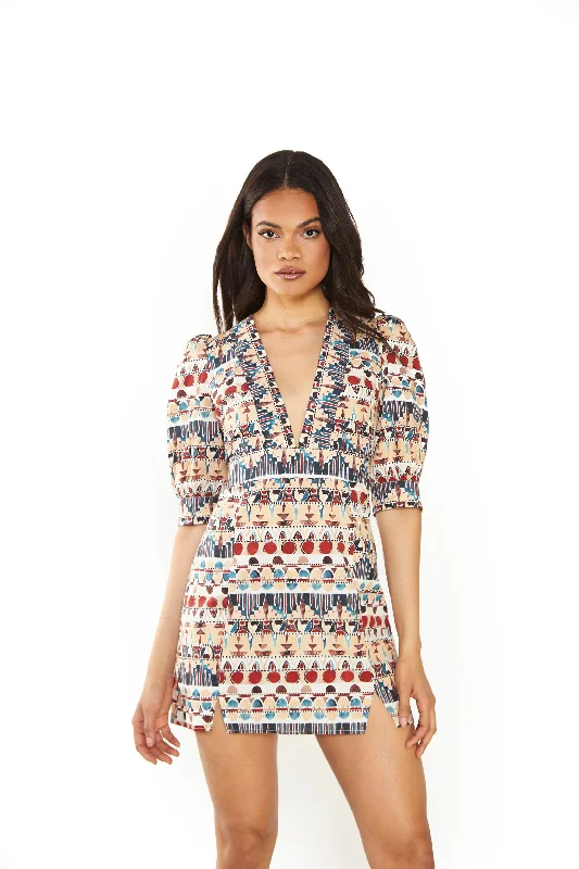 Glamorous Brown Multi Tribal V- Neck Side Split Mini Dress